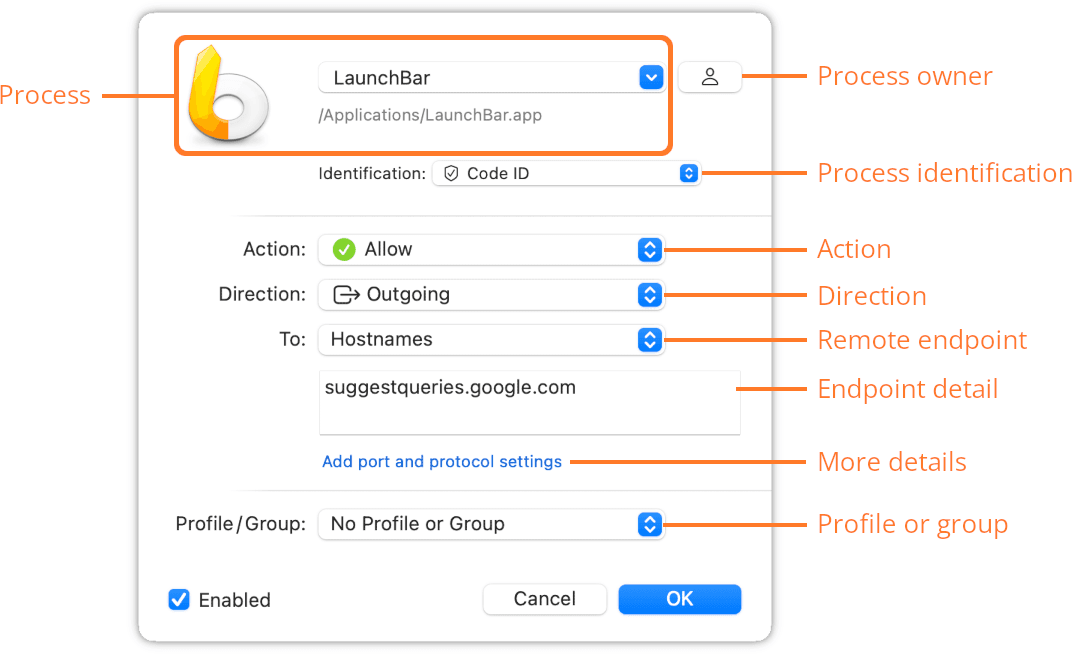 Little Snitch rule editor with labels for Process, Action, Direction, and Remote endpoint
