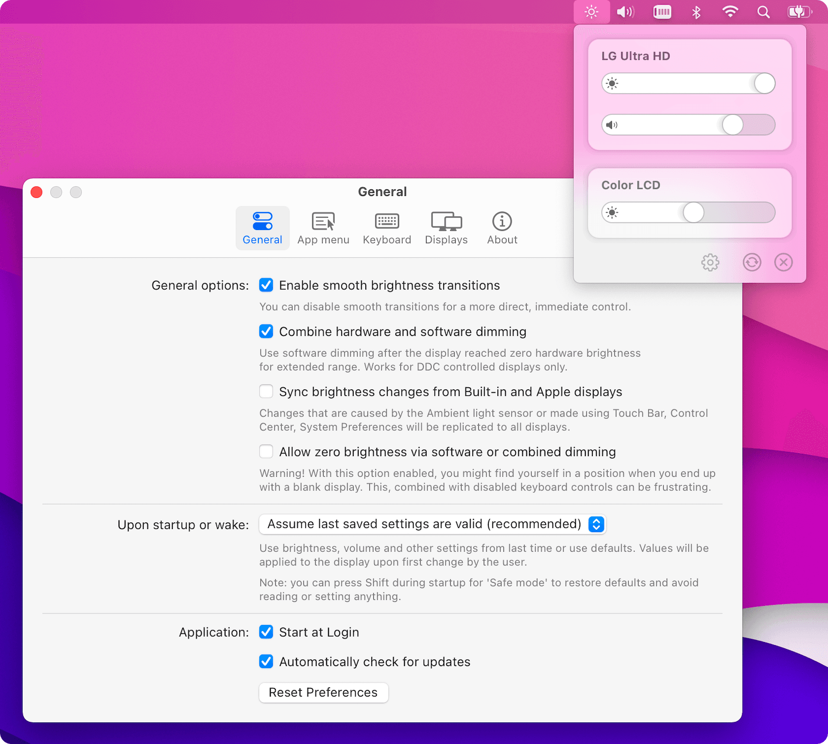 MonitorControl showing separate brightness sliders for LG Ultra HD and the built-in display