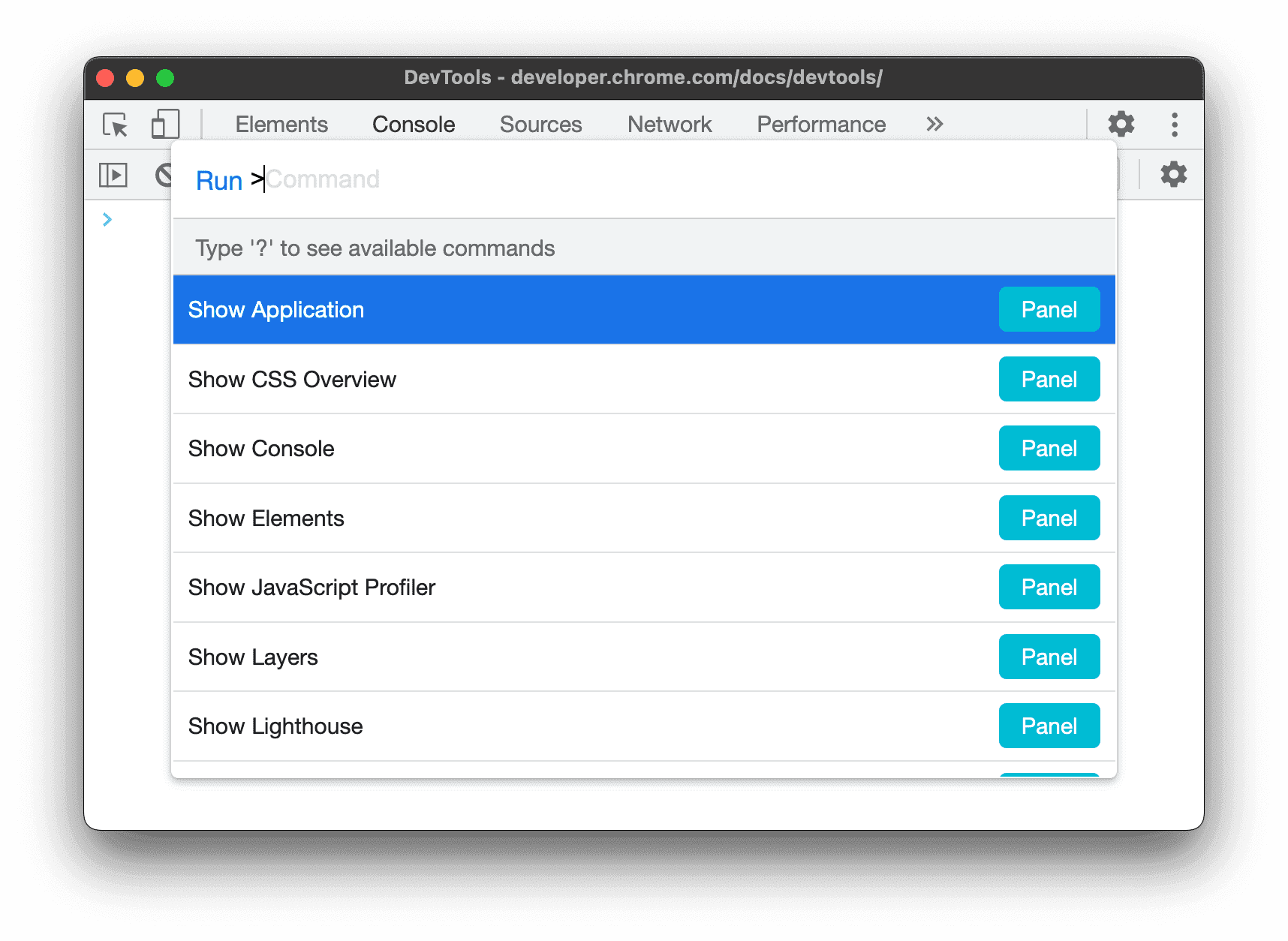 Chrome Developer Tools with the Run Command search menu open
