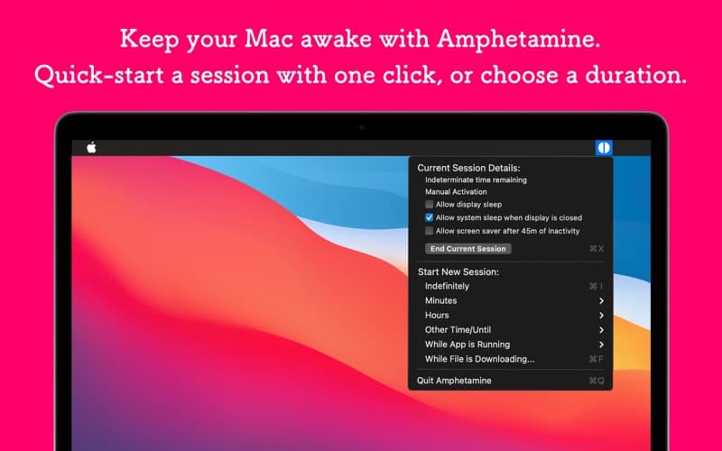 Amphetamine menu showing timed sessions and the Allow display sleep option