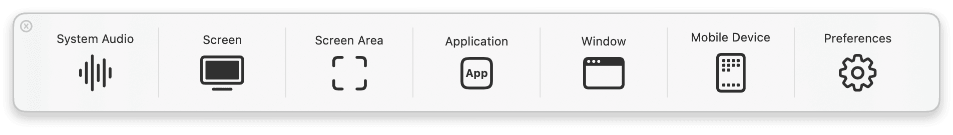 QuickRecorder capture toolbar with System Audio, Screen, Screen Area, Application, and Window modes