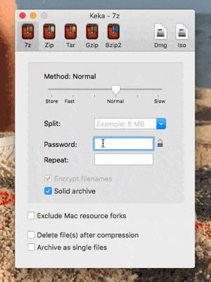 Keka animation demonstrating the Password and Repeat fields for archive encryption