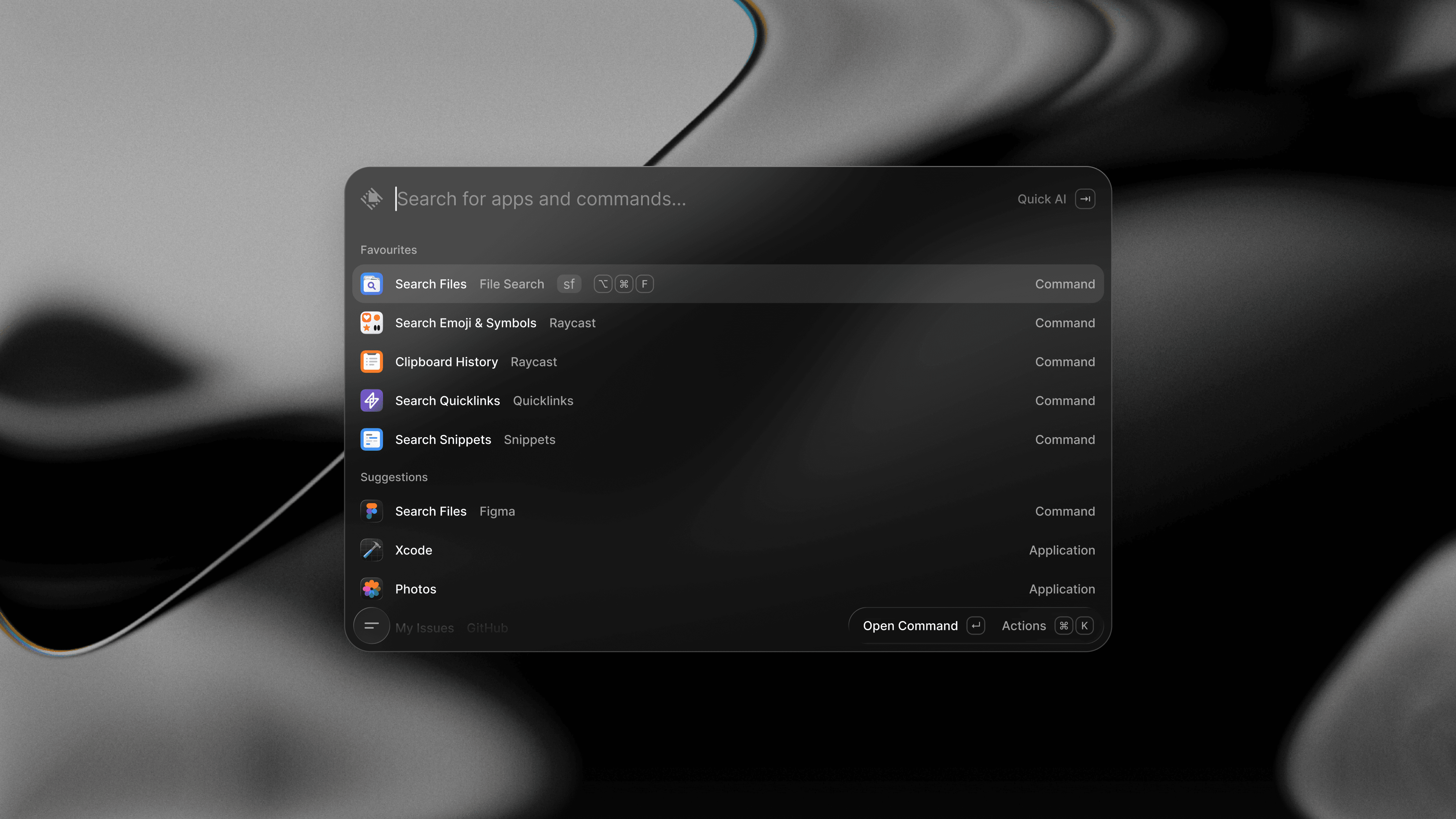 Raycast 2 on macOS with file search, clipboard history, snippets and extension commands in the launcher
