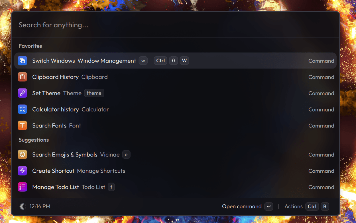 Vicinae's launcher showing window switching, clipboard history, theme selection and calculator history