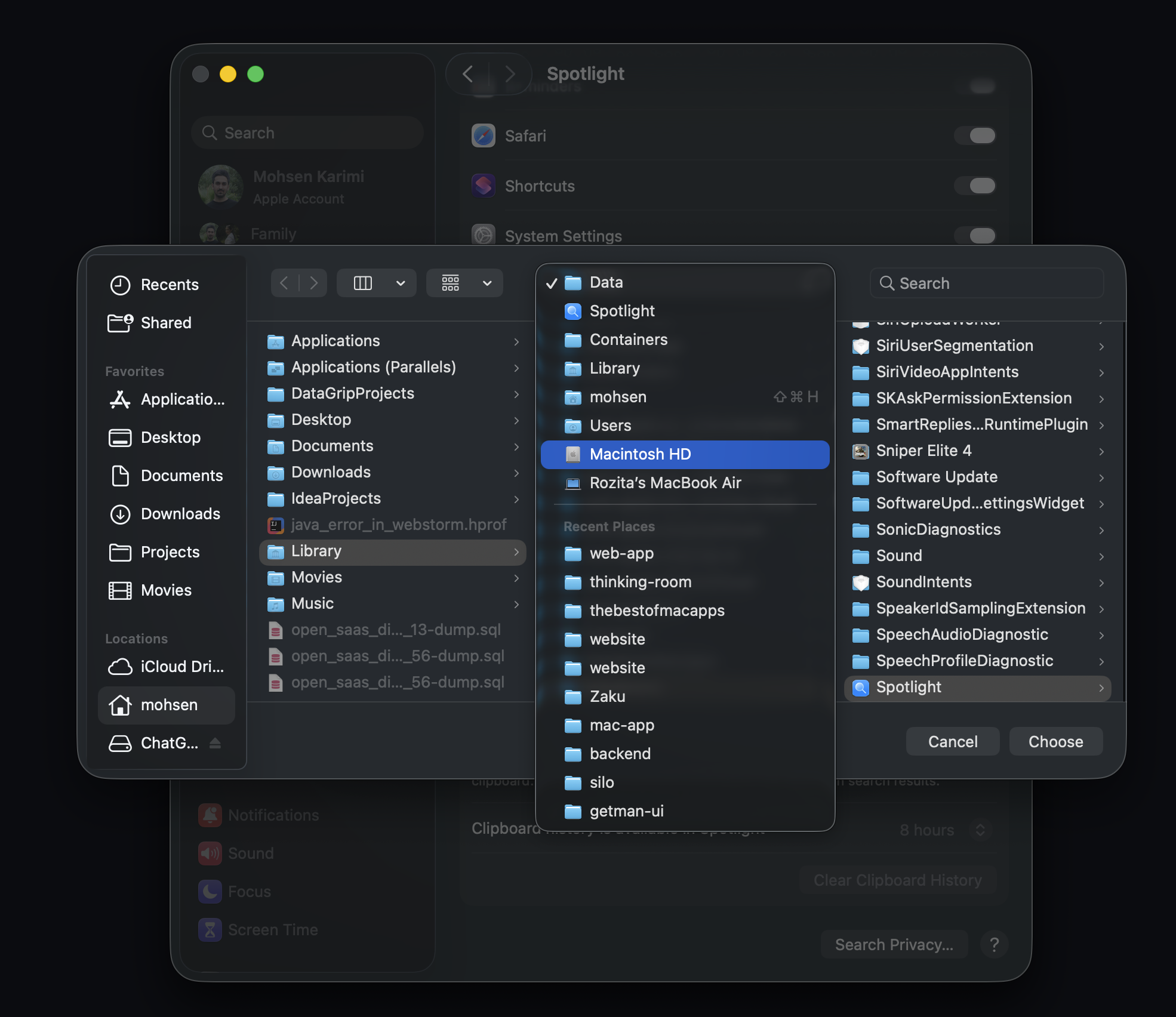 The file picker's location menu with Macintosh HD highlighted and the Choose button at the bottom right.