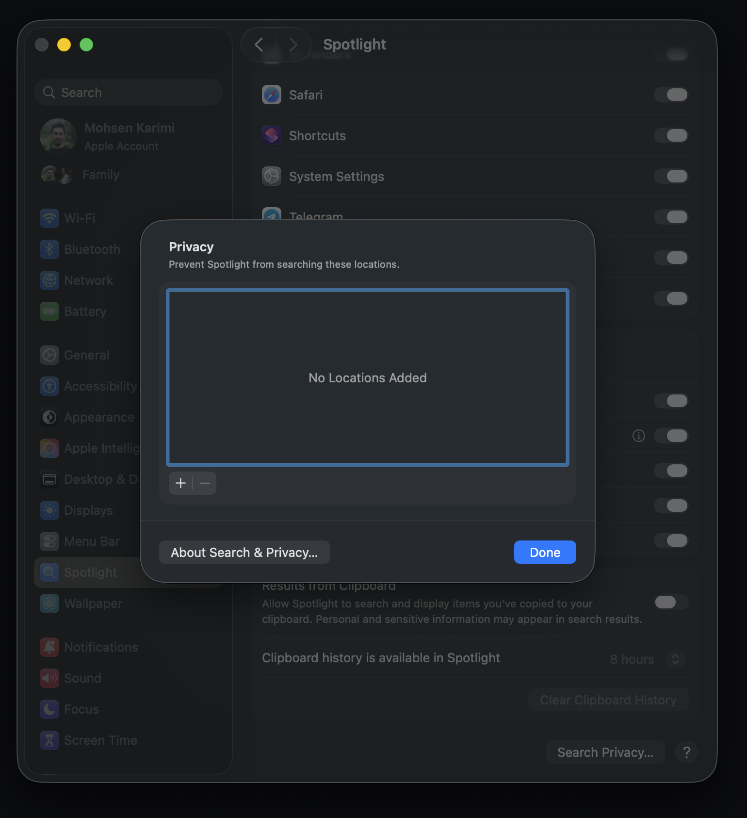 Spotlight Privacy after Macintosh HD has been removed, showing No Locations Added and an arrow pointing to Done.