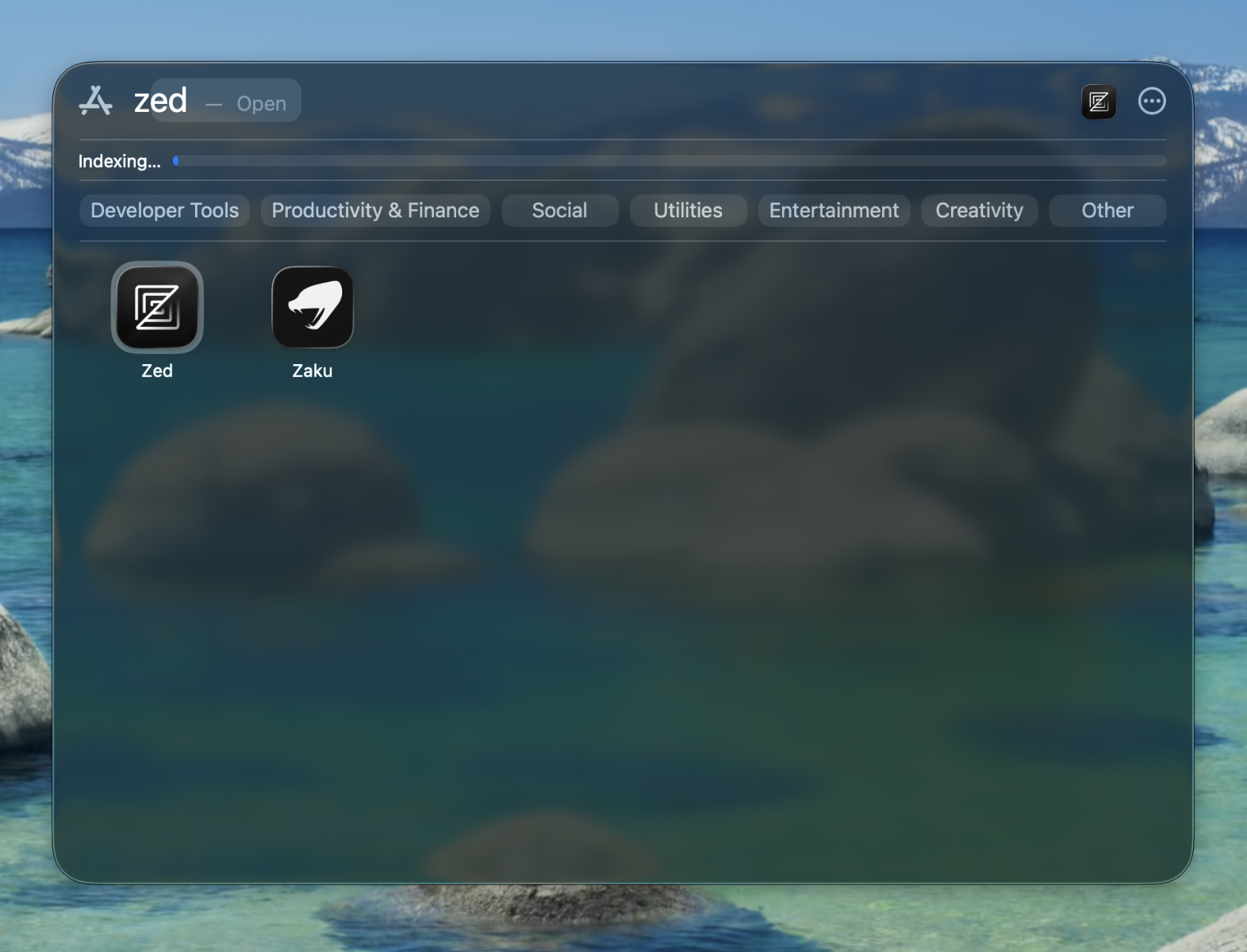 Spotlight search showing an Indexing label and progress bar above the search results.